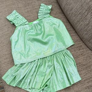 Kids Queen of Sparkles Sparkly Lime Green Ruffled Top and Shorts Set Medium